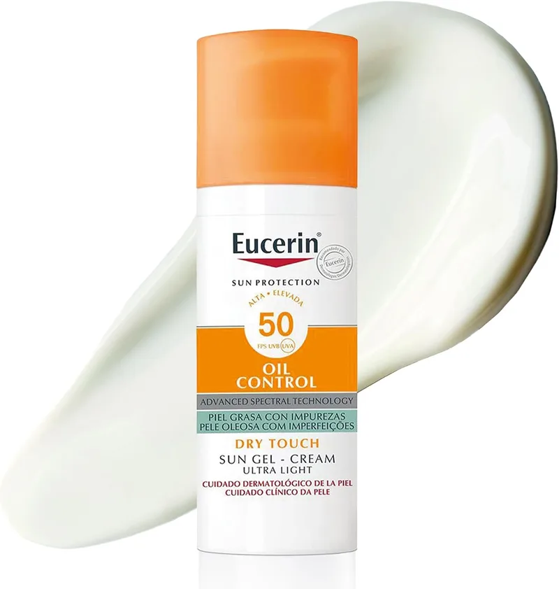 Eucerin ▫️ Sun Gel Creme Oil Control Dry Touch FPS 50+ (50 ml), proteção solar facial FPS 50+ com filtros UVA/UVB, creme solar para pele oleosa e com tendência para o acne, creme solar com textura ultraleve
