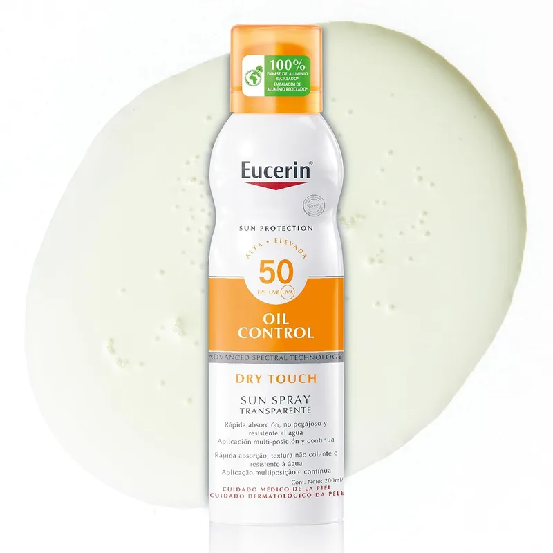 Eucerin Sun Body Oil Control Aerosol Spray SPF 50 (200 ml), spray de proteção solar 50 com filtros UVA/UVB, creme solar transparente, proteção solar para peles sensíveis e com tendência acneica.