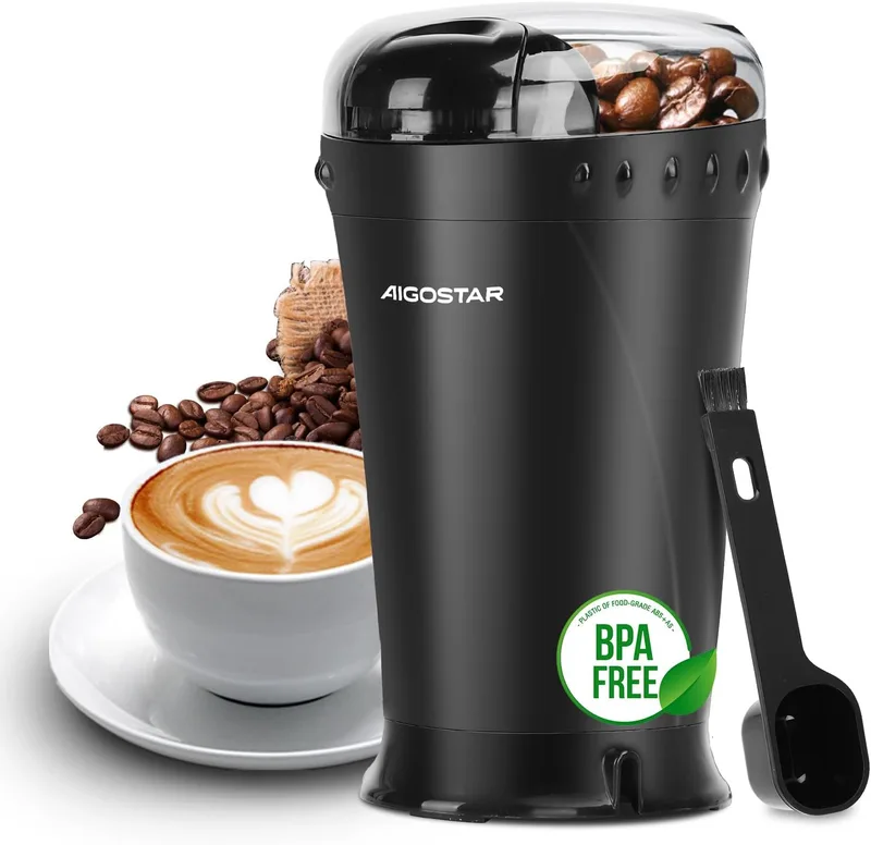 Aigostar ▫️ Moinho de Café Elétrico com Lâminas de Aço Inoxidável - Moinho de Café 60g 200W, Escova de Limpeza Incluída, Sem BPA, Para Moer Café em Grãos, Especiarias e Sementes