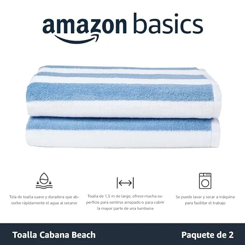 Amazon Basics ▫️ Toalha para praia, piscina, ginásio e spa, 100% algodão com padrão de riscas Cabana, 76 x 152 cm, azul claro, conjunto de 2 2