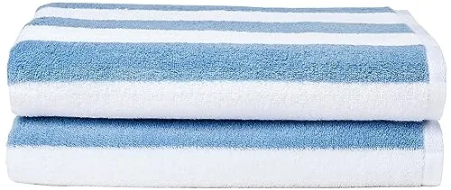 Amazon Basics ▫️ Toalha para praia, piscina, ginásio e spa, 100% algodão com padrão de riscas Cabana, 76 x 152 cm, azul claro, conjunto de 2 3