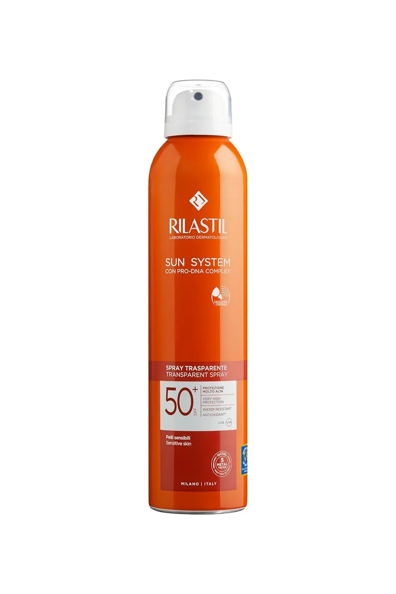 Rilastil ▫️ Sun System, Spray Fotoprotetor Wet-skin Transparente FPS 50+, Pulverização Contínua, Multi-posição 360°, Tecnologia Wet Force, Corpo e Rosto, Resistente à Água durante 80 min