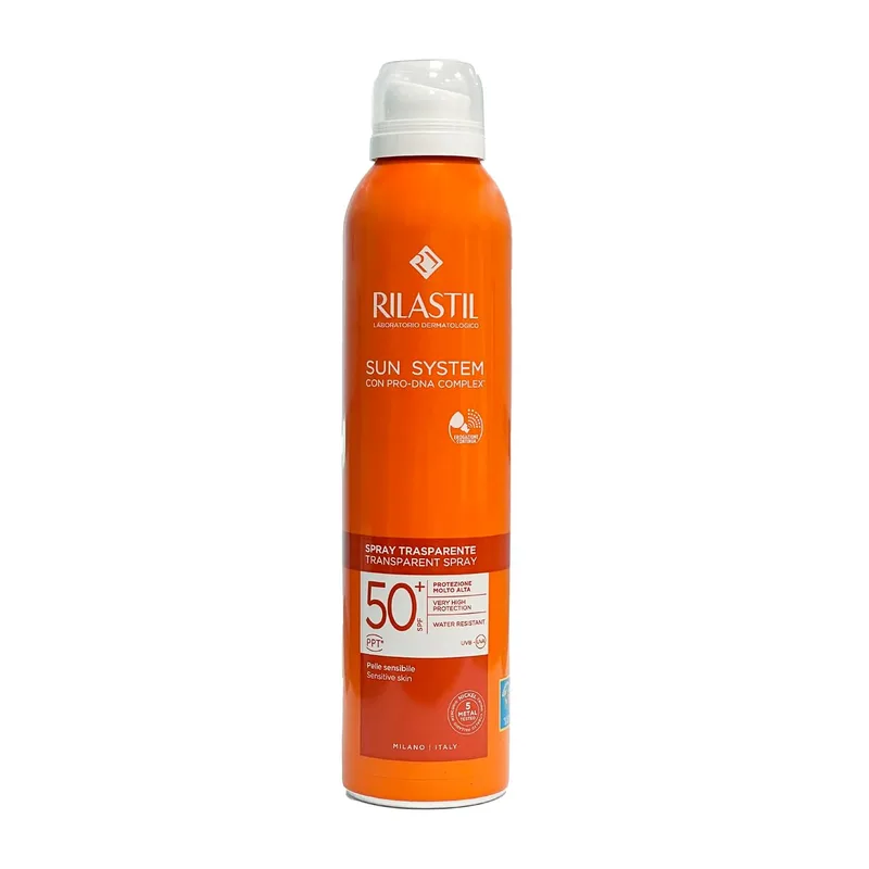 Rilastil ▫️ Sun System, Spray Fotoprotetor Wet-skin Transparente FPS 50+, Pulverização Contínua, Multi-posição 360°, Tecnologia Wet Force, Corpo e Rosto, Resistente à Água durante 80 minutos
