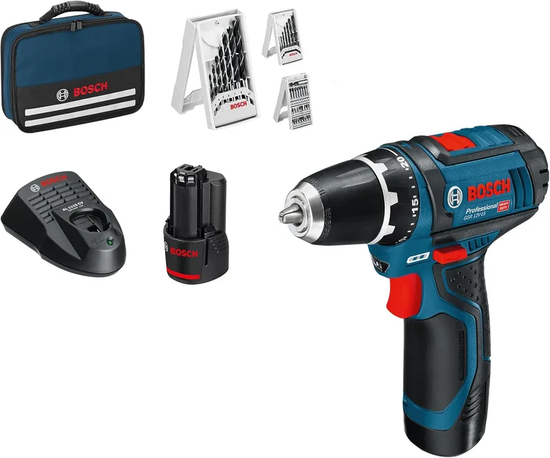 Bosch Professional ▫️ 12V System – Aparafusadora a bateria GSR 12V-15 (inclui 2 baterias de 2,0, carregador, conjunto de 39 acessórios, bolsa de ferramentas) – Conjunto exclusivo da Amazon