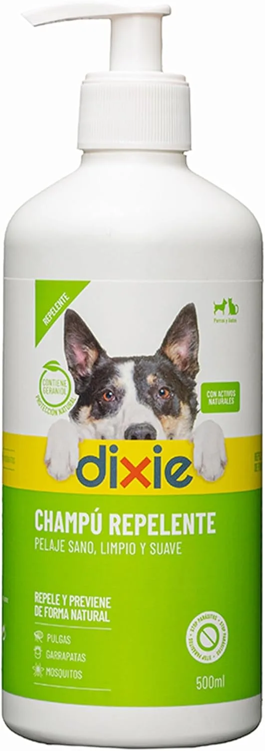 Dixie ▫️ Champô Repelente para Cães e Gatos - 500 ml - Repele e protege contra mosquitos, pulgas, carraças e outros insectos - Facilita a escovagem do pelo - para todos os tipos de pelo