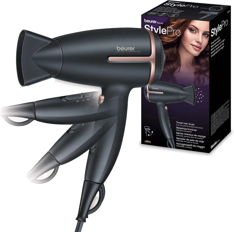 Beurer ▫️ Secador de cabelo de viagem dobrável HC 25 com função de iões, secador de cabelo potente, para cabelos macios e suaves, para viagens, 1600 Watt, adaptação à voltagem universal 110-120/220-240 V