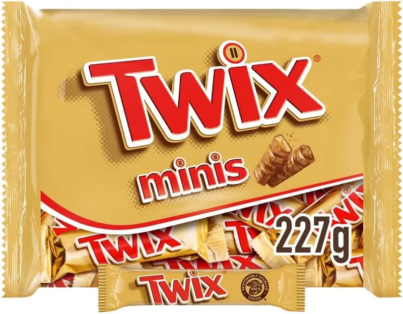 Twix ▫️ Minis, Barras de Chocolate com Leite, Biscoito e Caramelo, Ideal como Caixa de Presente de Natal ou Chocolates para Presentes de Natal, 227 g