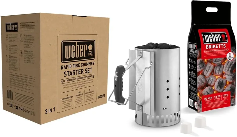 Weber ▫️ 17631 - Conjunto para lareira: 2 kg de briquetes + 6 pastilhas de ignição brancas, aço inoxidável