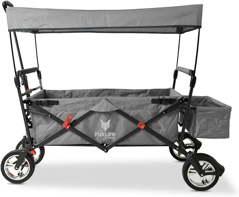 FUXTEC ▫️ Bollerwagen City CT500, Carrinho dobrável com cobertura UV e travões duplos à frente. — Adequado para crianças, cidade, campo, praia ou montanha — Puxar ou empurrar — Capacidade de carga de 75 kg — Saco traseiro