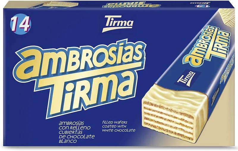 Tirma ▫️ Ambrosia com cobertura de chocolate branco | Barras de wafer recheadas com creme e cobertas com chocolate branco | Chocolates das Ilhas Canárias embalados individualmente | 14 unidades, 301g