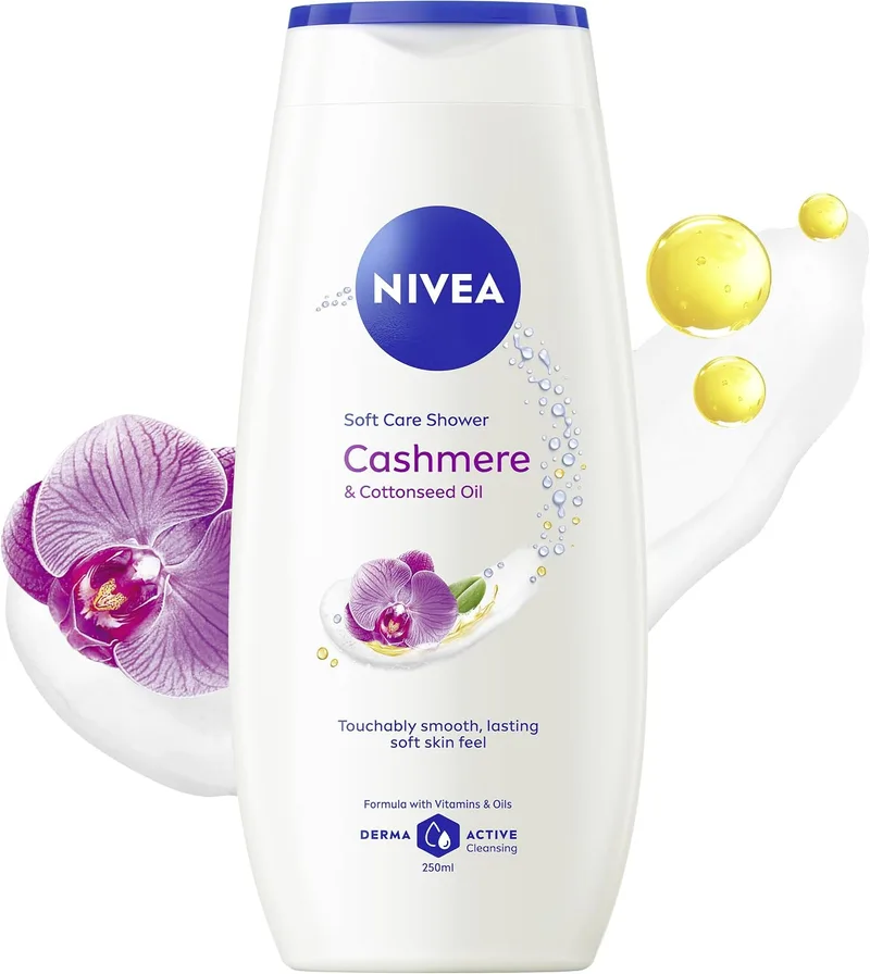 NIVEA ▫️ Gel de banho com óleo de caxemira e algodão (250 ml), gel de banho com vitamina C, E e óleos preciosos, protege a pele contra o ressecamento e deixa-a suave