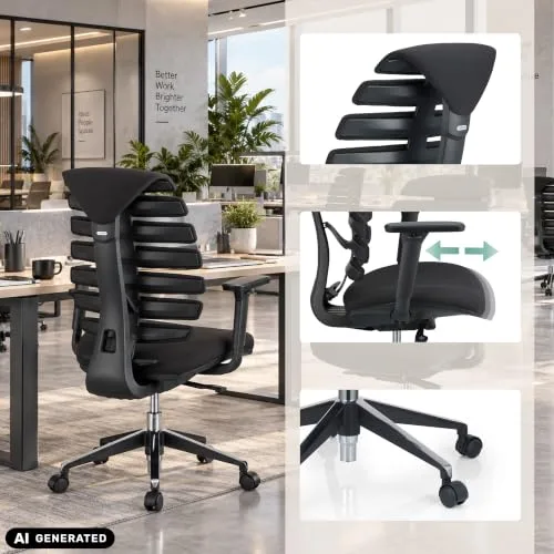 hjh OFFICE ▫️ Cadeira de escritório Cadeira giratória Ergo Line II Tecido Encosto ergonómico com braços ajustáveis Preto 6