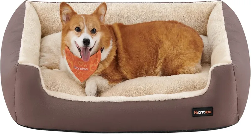 Feandrea ▫️ Cama para cães, sofá-cama para animais de estimação, tapete removível e reversível, bordas elevadas, base antiderrapante, tamanho L, 85 x 65 x 21 cm, castanho café e bege areia PGW04Z