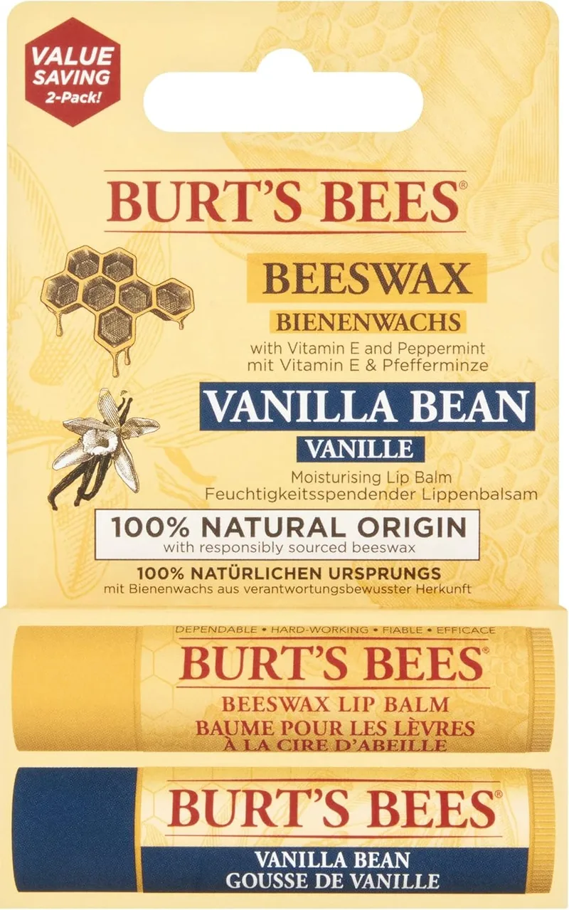 Burt's Bees ▫️ Conjunto de bálsamo labial conjunto de bálsamo labial com cera de abelha e baunilha, com vitamina E, embalagem económica dupla, 2 x 4,25 gramas
