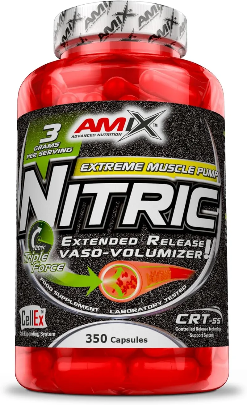 Amix ▫️ Nitric - Suplemento alimentar - Contém óxido nítrico - Aumenta a força - Favorece a congestão - Nutrição desportiva - Contém 350 cápsulas