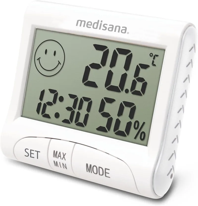 Medisana ▫️ HG 100 Higrómetro digital, Termómetro ambiente, Medidor de humidade para interiores, Indicação da hora, Para um clima ambiente ideal, Inclui função de memória