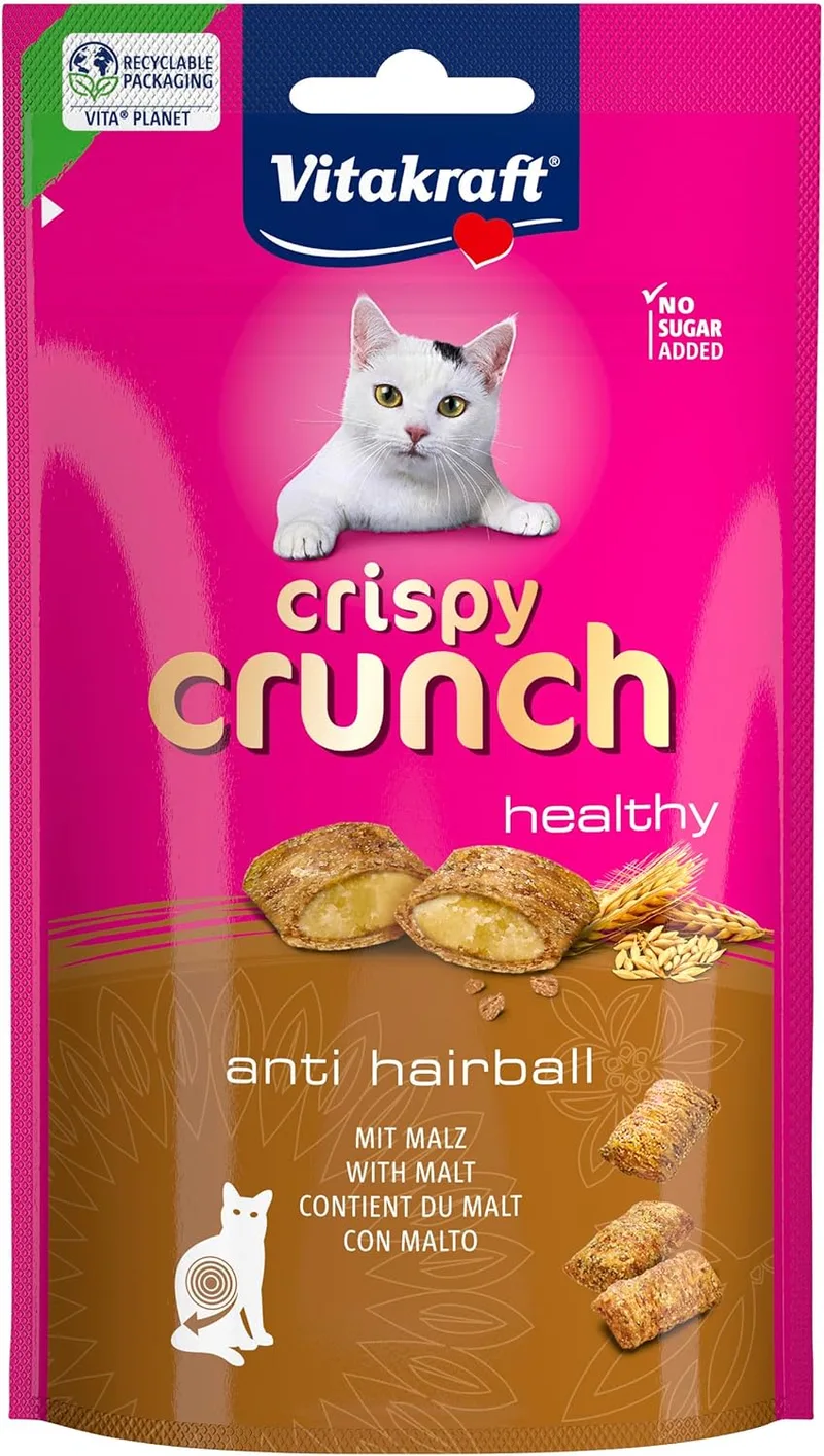 Vitakraft ▫️ Crispy Crunch Classic Cat Treats, Snack crocante com recheio de malte para gatos, em bolsa que pode ser fechada novamente, sem adição de açúcar (1x 60g)