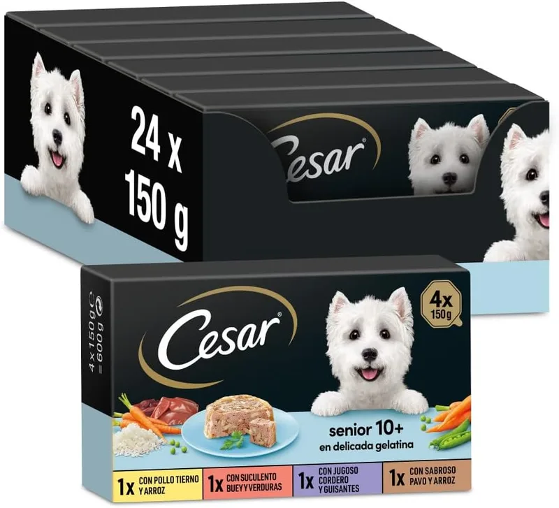 Cesar ▫️ Comida Húmida para Cães Seniores, Seleção de Carnes Mistas, Multipack (Embalagem de 6 x 4 potes de 150 g)