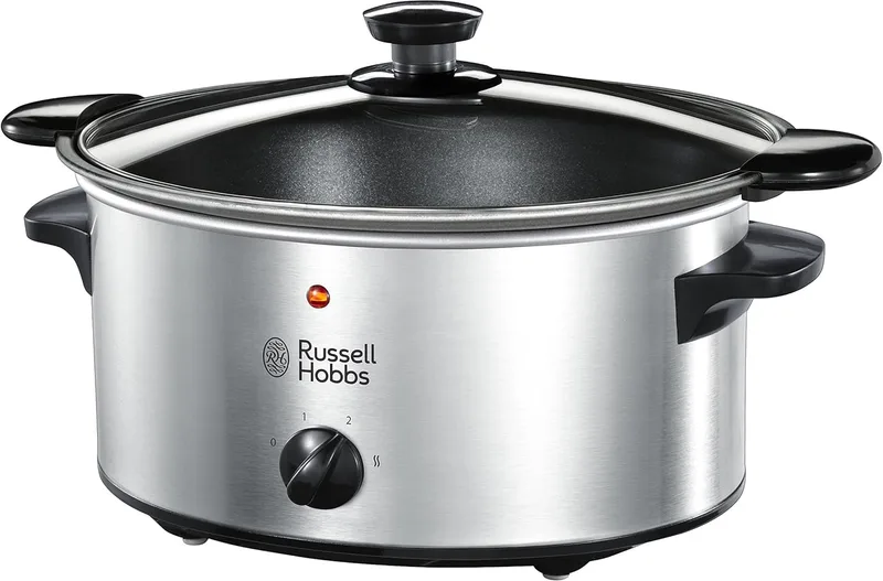 Russell Hobbs ▫️ Panela lenta Cook@Home - Capacidade 3,5 L, 4 Porções, 3 Temperaturas, Corpo em Aço Inoxidável, Caçarola Amovível, Limpeza Fácil, Tampa de Vidro, Prata - 22740-56