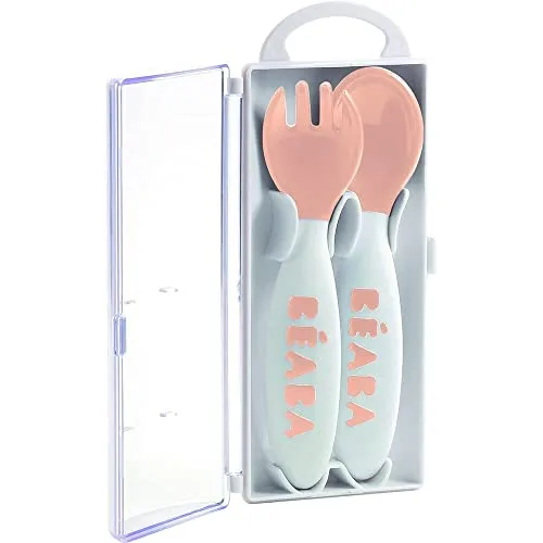 Béaba ▫️ Conjunto de 2 talheres ergonómicos de aprendizagem para a segunda infância, a partir dos 8 meses, fáceis de manusear pelo bebé, adequados para destros e canhotos, caixa de transporte incluída, cor-de-rosa 3