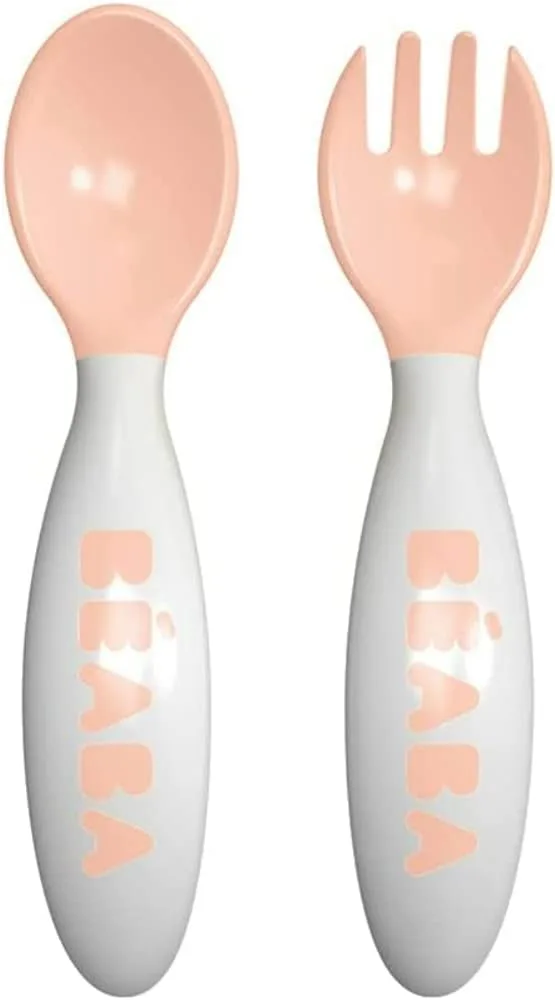 Béaba ▫️ Conjunto de 2 talheres ergonómicos de aprendizagem para a segunda infância, a partir dos 8 meses, fáceis de manusear pelo bebé, adequados para destros e canhotos, caixa de transporte incluída, cor-de-rosa