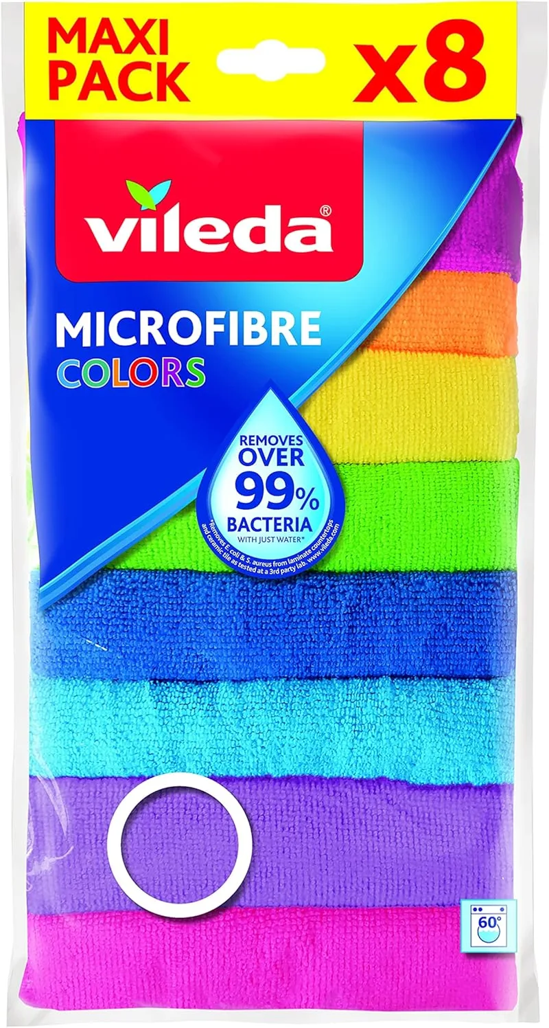 Vileda ▫️ Conjunto de 8 panos de microfibra Colors, cores variadas, 30 x 30 cm | 100% microfibra | 8 unidades | 30 x 30 cm | Cores variadas | Adequado para mármore, madeira, cerâmica e vidro
