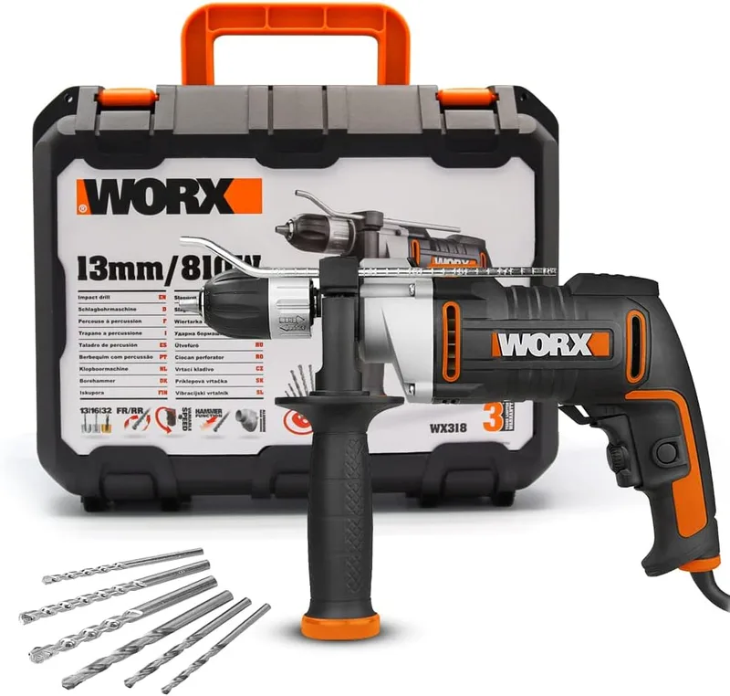 WORX ▫️ Berbequim de percussão 810 W | WX318 | 3 000 r.p.m | 48 000 i.| porta-brocas de 13 mm | controlo de velocidade variável | Inclui mala de transporte, 3 brocas HSS e 3 brocas para betão