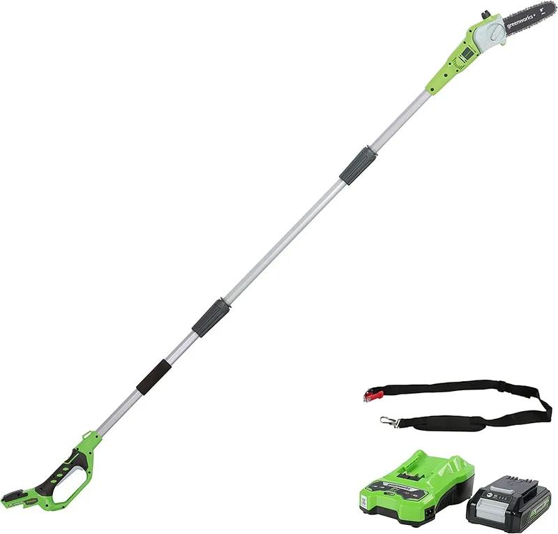 Greenworks ▫️ G24PS20K2 Serras telescópicas para exteriores, barra de 8 polegadas (20cm), velocidade da corrente 6,7m/s, 3,2kg, lubrificação automática, alcance do poste 2,6m, carregador de bateria 24V 2Ah, garantia de 3 anos