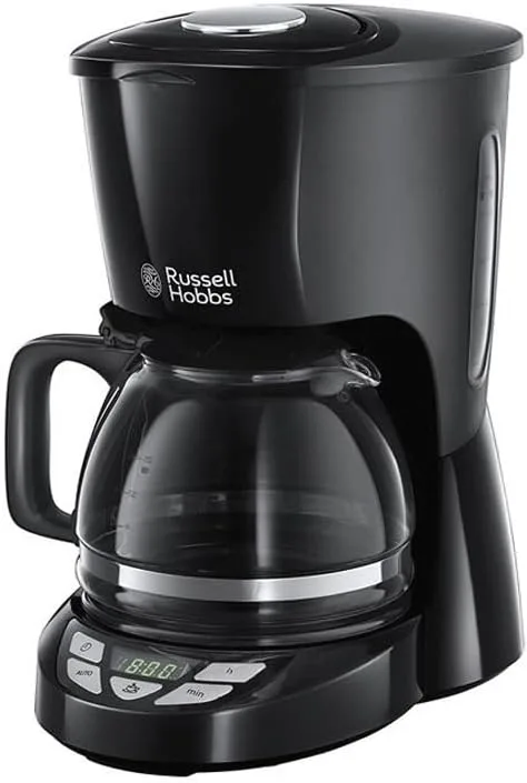 Russell Hobbs ▫️ Cafeteira de gotejamento [1,25 l, 12 chávenas pequenas / 10 chávenas grandes, digital, programável] Textures Plus (tecnologia de pulverização avançada, filtro amovível, colher de medida, preto) 22620-56