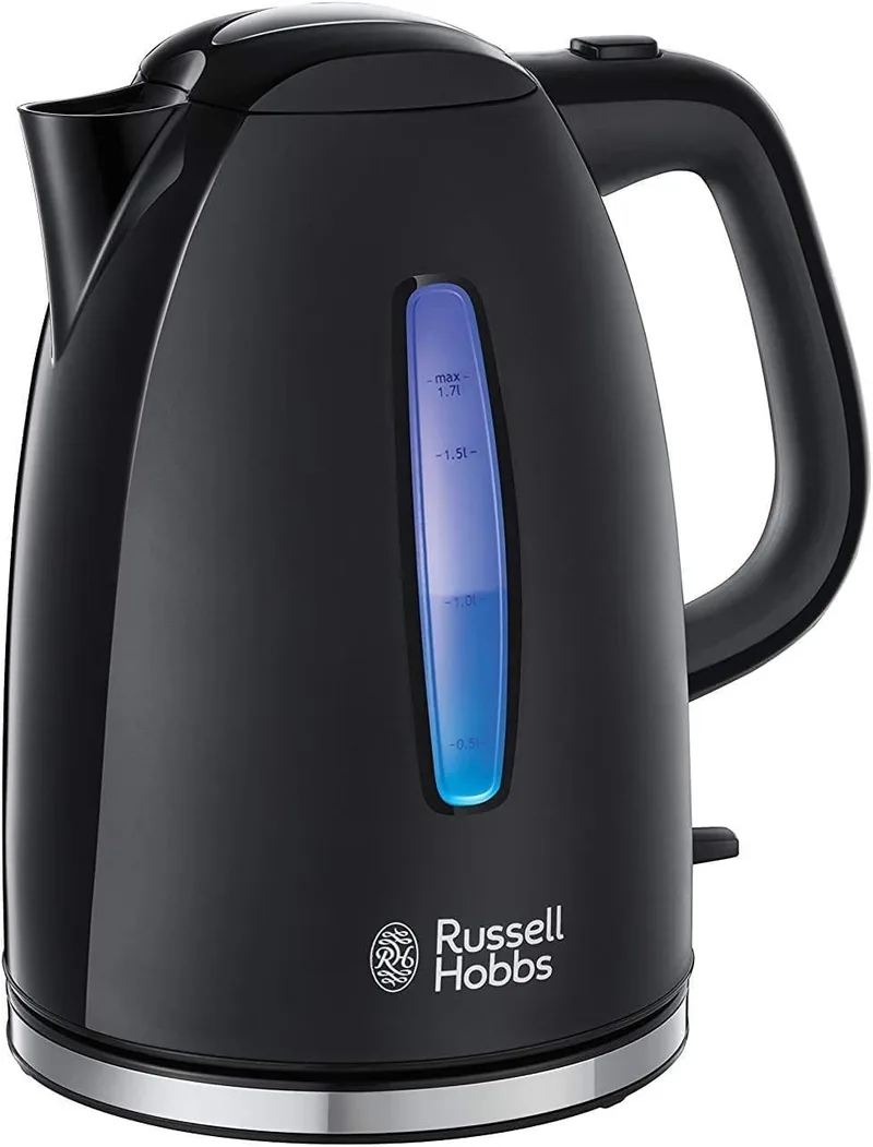Russell Hobbs ▫️ Fervedor Elétrico Textures - 1,7 litros, 2400 W, filtro removível, zona de ebulição rápida, base giratória de 360°, indicador de nível de água, plástico de alto brilho, sem BPA, preto - 22591-70