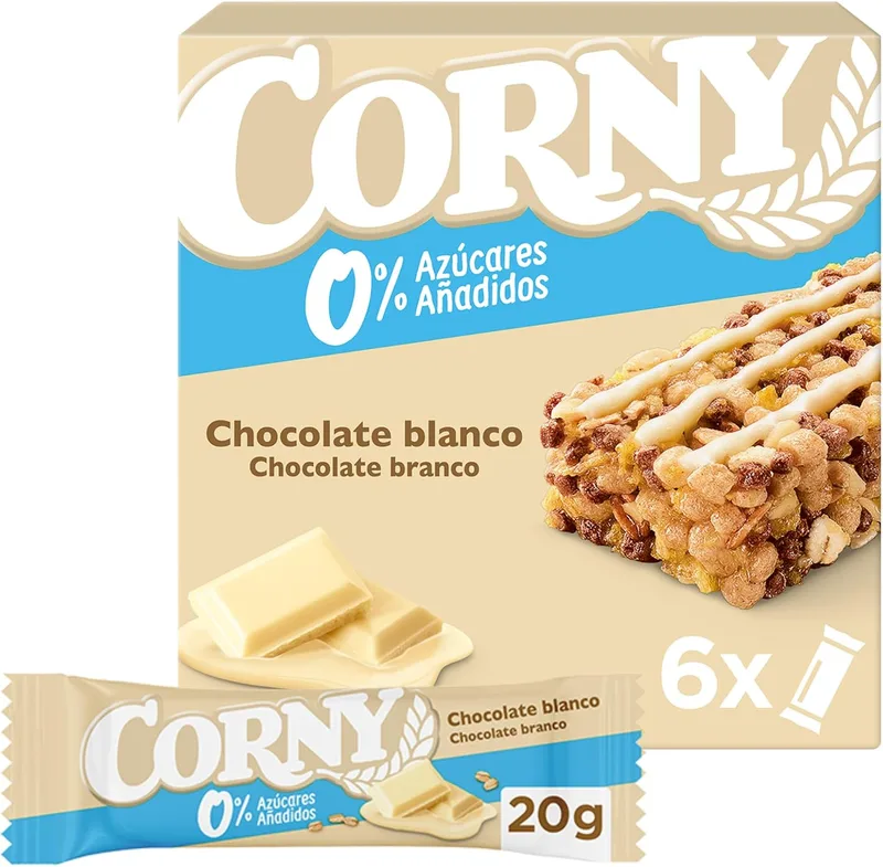 Corny ▫️ Barritas de cereais 0% de chocolate branco, 6 x 20 g