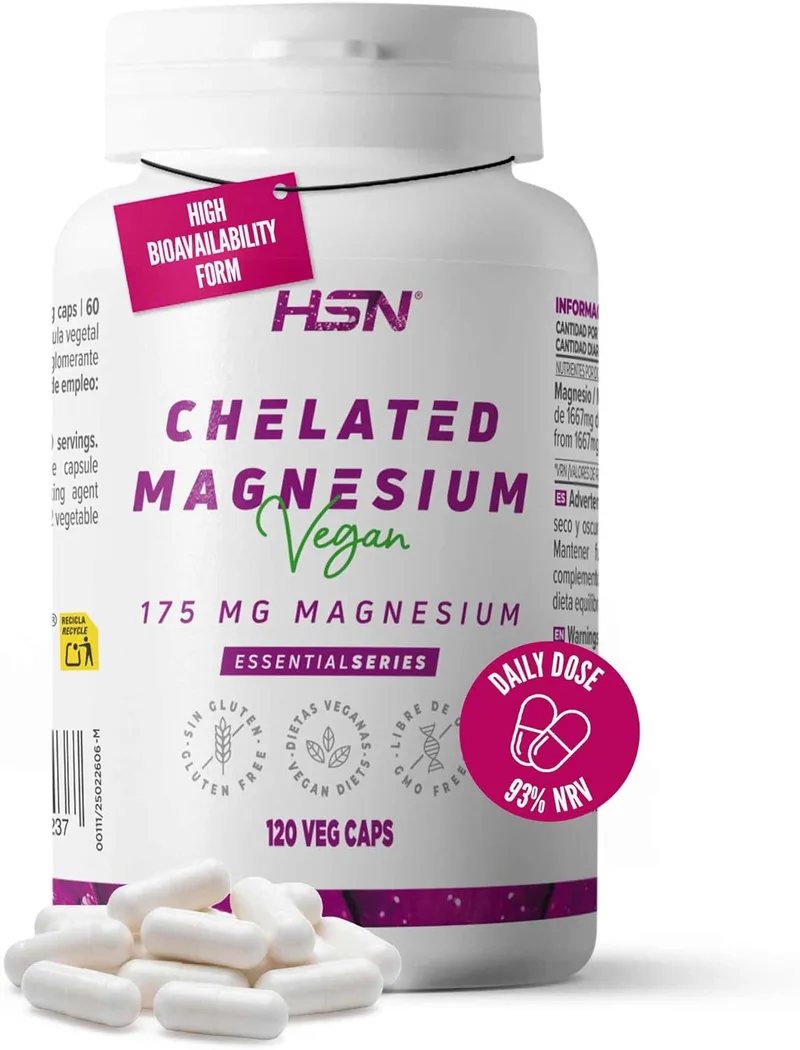HSN ▫️ Bisglicinato de Magnésio 350mg (Mineral Elementar) | 120 Cápsulas Vegetais | Magnésio Quelatado de Elevada Biodisponibilidade | Suplemento de Magnésio Vegan, Sem Glúten e Sem OGM