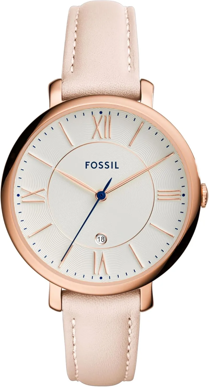 Fossil ▫️ Relógio Jacqueline para mulher, em tom de ouro rosa, com bracelete em pele cor de rosa