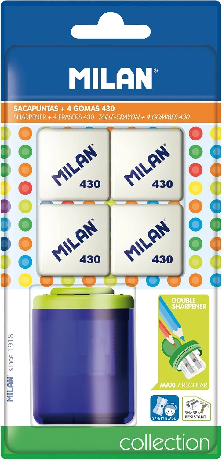 MILAN ▫️ Blister com afiador Collection School + 4 borrachas 430