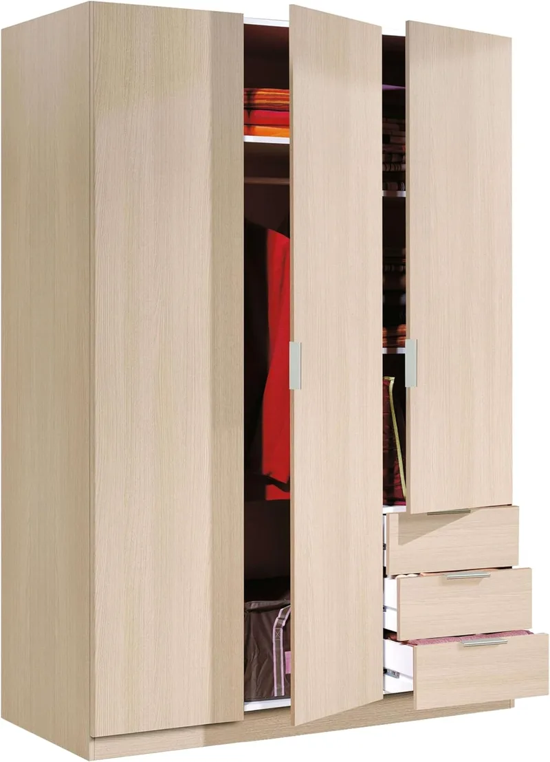 Habitdesign ▫️ Roupeiro com 3 portas e 3 gavetas, 121x180x52 (Largura x Altura x Profundidade – em cm), cor carvalho