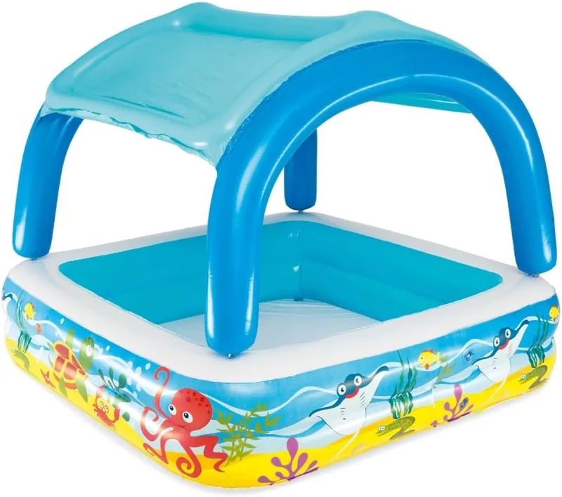 Bestway ▫️ 52192 - Piscina insuflável para crianças com toldo e guarda-sol 147x147x122 cm Multicolorida com animais marinhos 265 litros Para meninos e meninas com mais de 2 anos