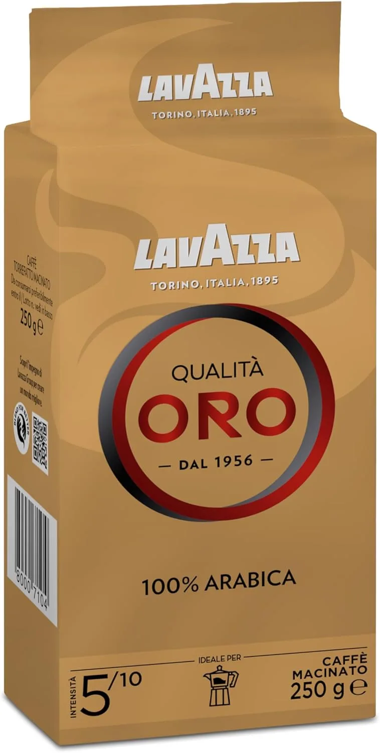 Lavazza ▫️ Qualità Oro, café moído natural, ideal para máquinas de café italianas, de filtro e francesas, com notas aromáticas de frutos e flores, 100% arábica, intensidade 5, torrefação média, 250 g