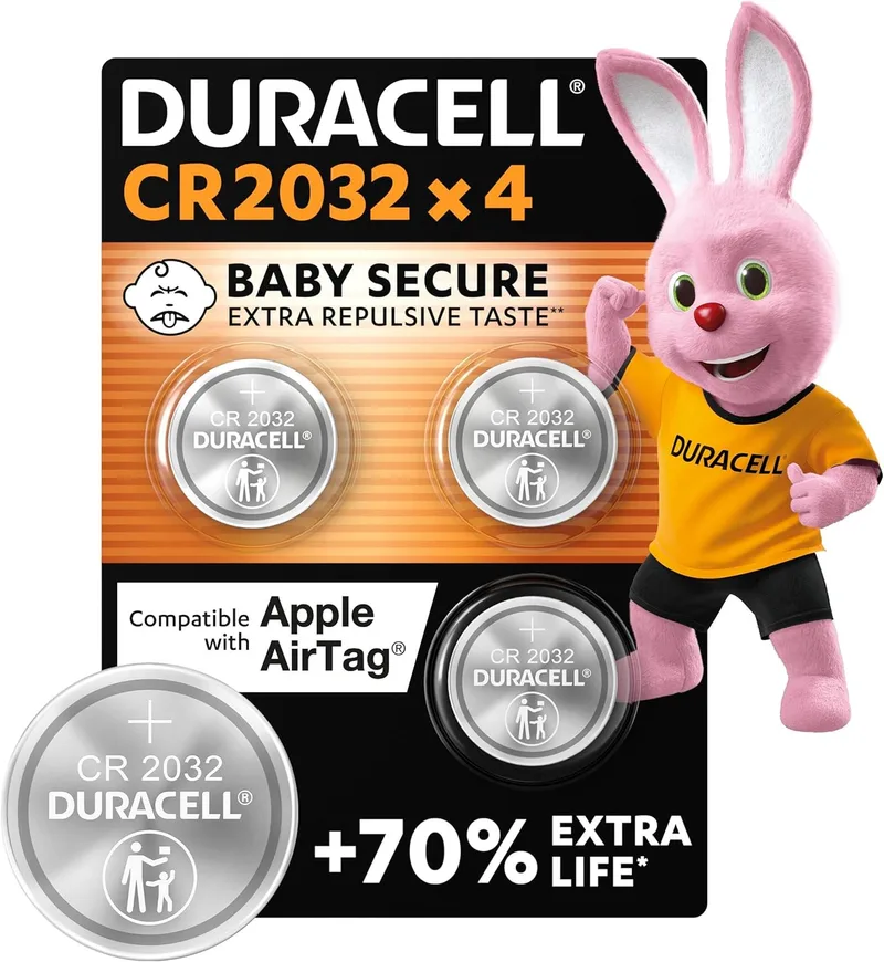 Duracell ▫️ Pilhas de botão de lítio CR2032 de 3 V (embalagem de 4) - Até 70 % mais autonomia - Tecnologia Baby Secure - Para Apple AirTag, chaves com comando à distância, dispositivos domésticos, desportivos e médicos
