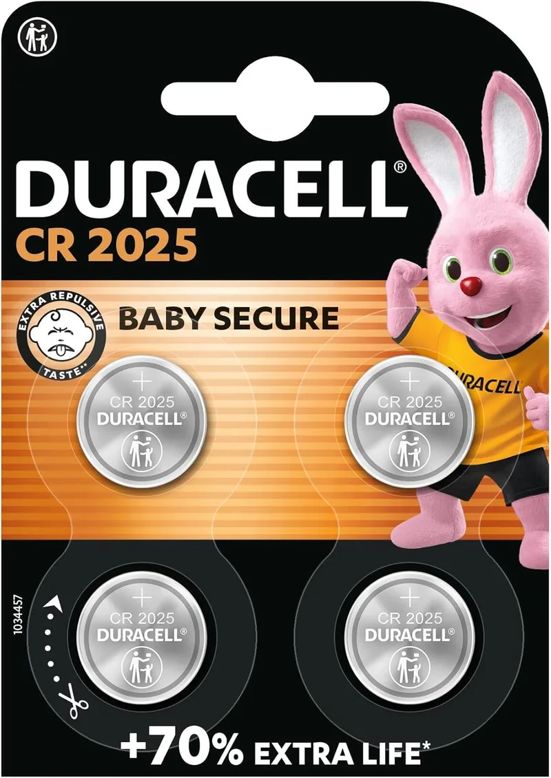 Duracell ▫️ Pilhas tipo botão de lítio 2025 3V (embalagem com 4) - Até 70% mais tempo de vida - Tecnologia Baby Secure - Para chaves de controlo remoto, relógios desportivos e óculos 3D - Embalagem segura