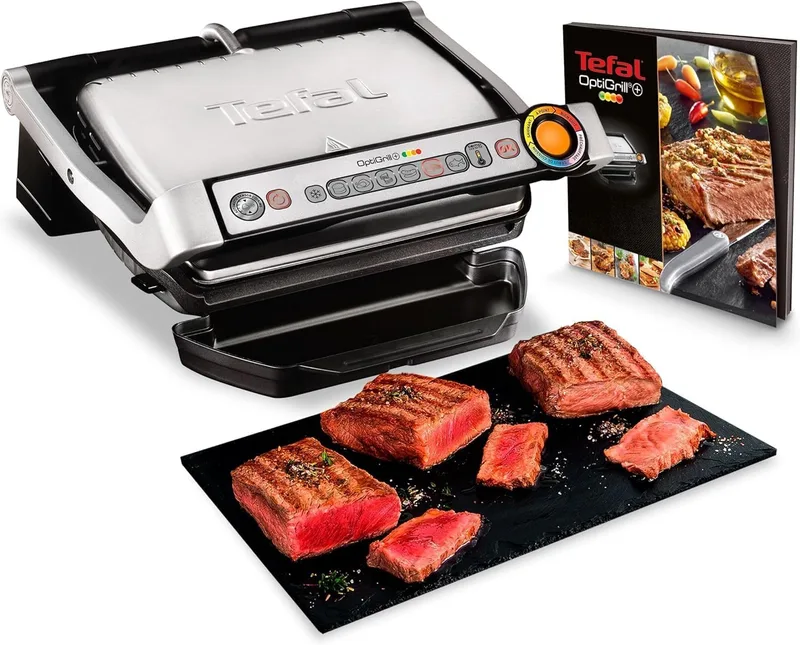 Tefal ▫️ Optigrill - Grelhador de 2000 W, 6 modos de cozedura e 4 temperaturas ajustáveis com indicador de progresso, sensor de espessura, tabuleiros removíveis e desmontáveis, aço inoxidável GC712D12
