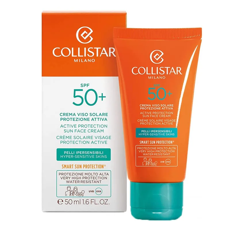 Collistar ▫️ Creme Solar para o Rosto Proteção Ativa FPS 50+, Previne rugas e manchas, ideal também para o decote, as mãos e o peito, 50 ml
