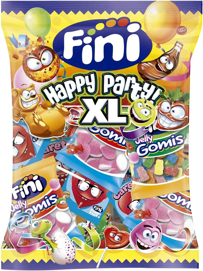 Fini ▫️ Happy Party XL | Doces sortidos com chupa-chupas sem glúten, pastilhas elásticas, gomas e beijinhos | Ideal para eventos, aniversários, piñatas, Halloween ou Natal - 500 gr.