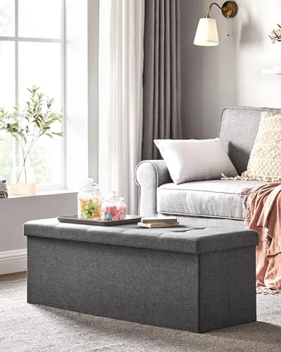 SONGMICS ▫️ Coleção Mazie - Pufe com arrumação, banco dobrável, 38 x 110 x 38 cm, banquinho para apoiar os pés, apoio para a cabeceira da cama, suporta até 300 kg, para sala de estar, quarto, hall de entrada, cinzento escuro LSF77K 2