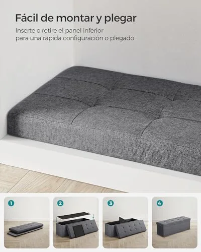 SONGMICS ▫️ Coleção Mazie - Pufe com arrumação, banco dobrável, 38 x 110 x 38 cm, banquinho para apoiar os pés, apoio para a cabeceira da cama, suporta até 300 kg, para sala de estar, quarto, hall de entrada, cinzento escuro LSF77K 6