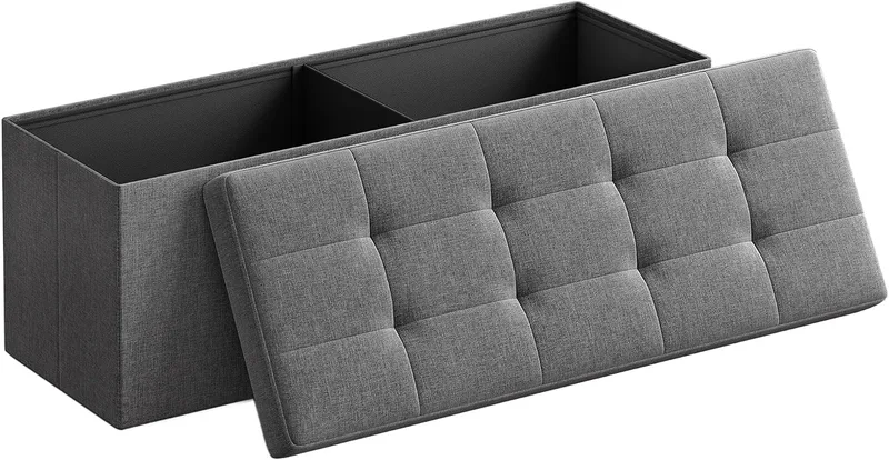 SONGMICS ▫️ Coleção Mazie - Pufe com arrumação, banco dobrável, 38 x 110 x 38 cm, banquinho para apoiar os pés, apoio para a cabeceira da cama, suporta até 300 kg, para sala de estar, quarto, hall de entrada, cinzento escuro LSF77K