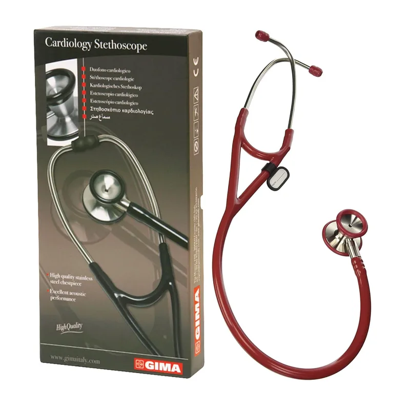 GIMA ▫️ Estetoscópio clássico de cardiologia com cabeça em aço inoxidável, campânula cónica para baixas frequências, membrana de alta sensibilidade para amplificar os sons, Lira Bordeaux, 32551
