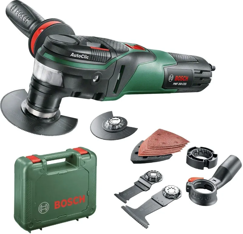 Ferramenta multifunções Bosch PMF 350 CES (3 lâminas de serra, placa de lixar, 6 folhas de lixa, mala de transporte, 350 watts, para acessórios Starlock e StarlockPlus)