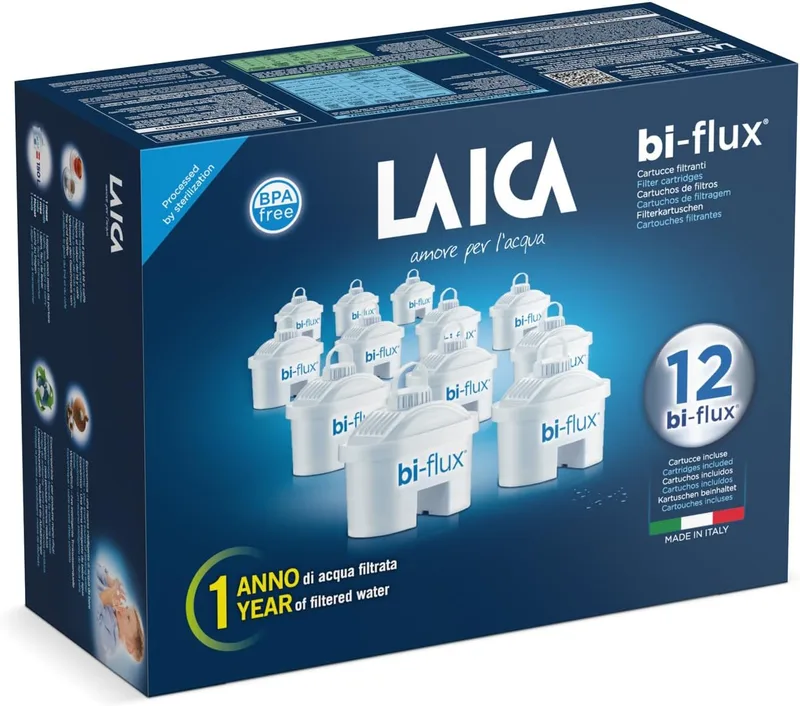 Laica ▫️ Cartuchos de filtro de água Bi-Flux - Retêm os sais minerais e reduzem o cloro e os metais pesados - Reduzem a dureza da água da torneira - filtro para jarros de água, embalagem de 12
