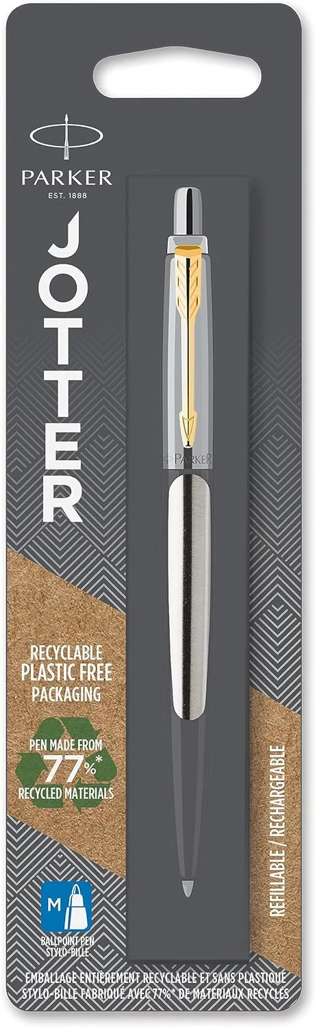 Biros Parker Jotter | Aço inoxidável com marcações douradas | Ponta média Tinta azul