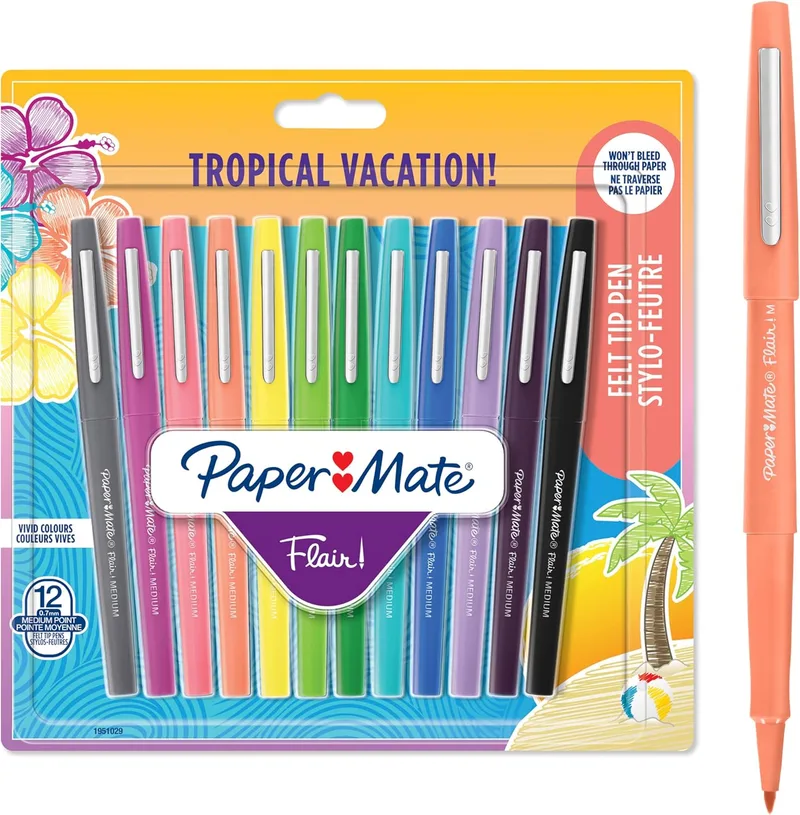 Paper Mate ▫️ 1951029 Canetas de feltro Flair de ponta média, Tropical e cores sortidas, Embalagem de 12